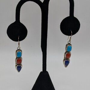Sterling Silver Navajo Earrings Turquoise, Lapis, Coral, Kathleen Chavez